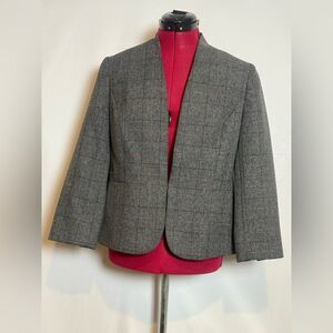 Evan Picone Black Label Grey Plaid Blazer Women’s Size 6 Open Front 3/4 Sleeve